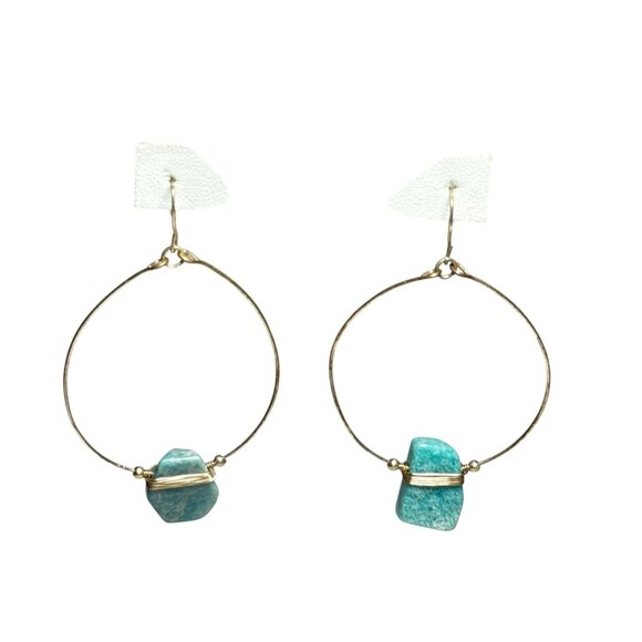 Gold Hoop Earrings with Natural Amazonite Stone Dangle Boho Handmade Jewelry - Picture 4 of 6